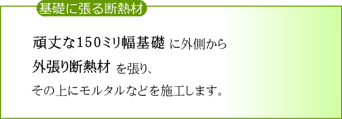 基礎に張る断熱材:頑丈な150ミリ幅基礎に外側から外張り断熱材を張り、その上にモルタルなどをを施工します。